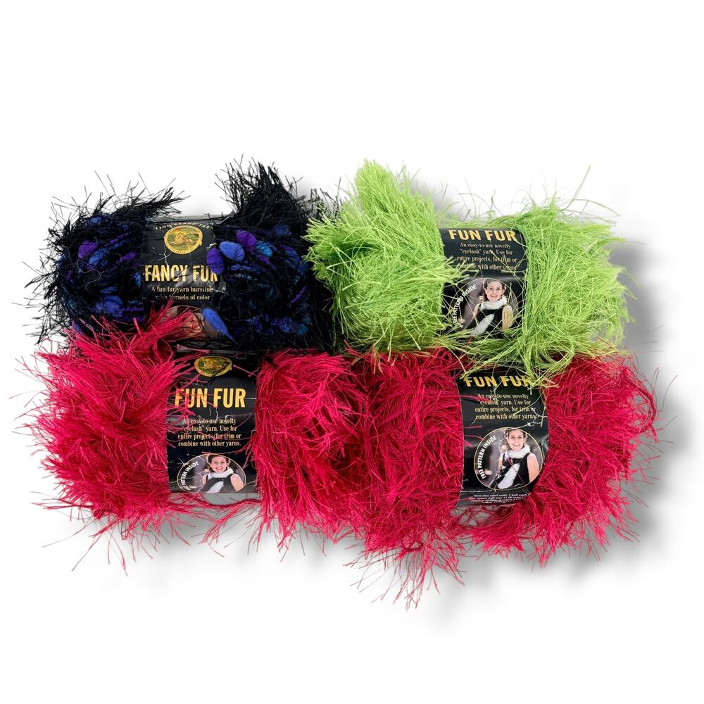 Lion Brand Fun Fur Fancy Fur Eyelash Yarn Lot Raspberry Lime Stained Glass